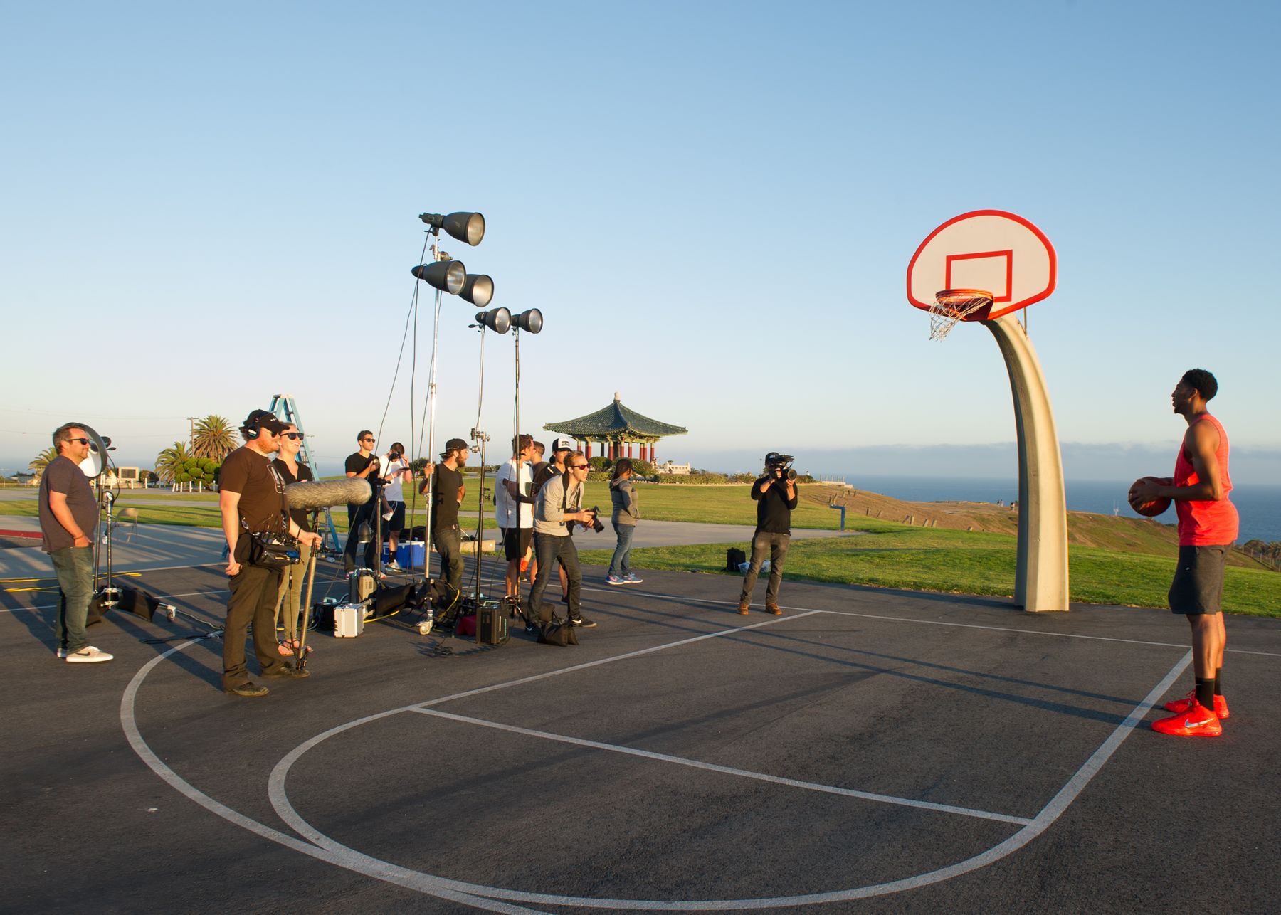 P70 reflectors lighting a basketball shoot at sunset